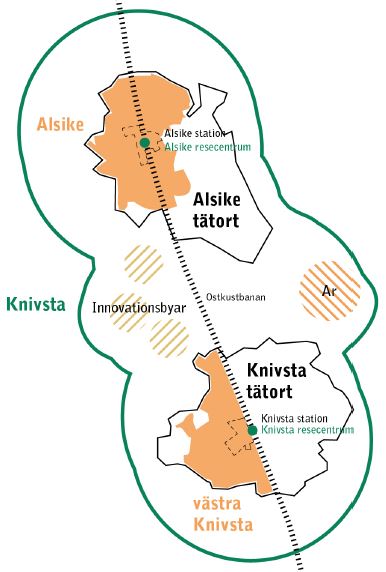 Karta med ungefärlig placering västra Knivsta och Alsike