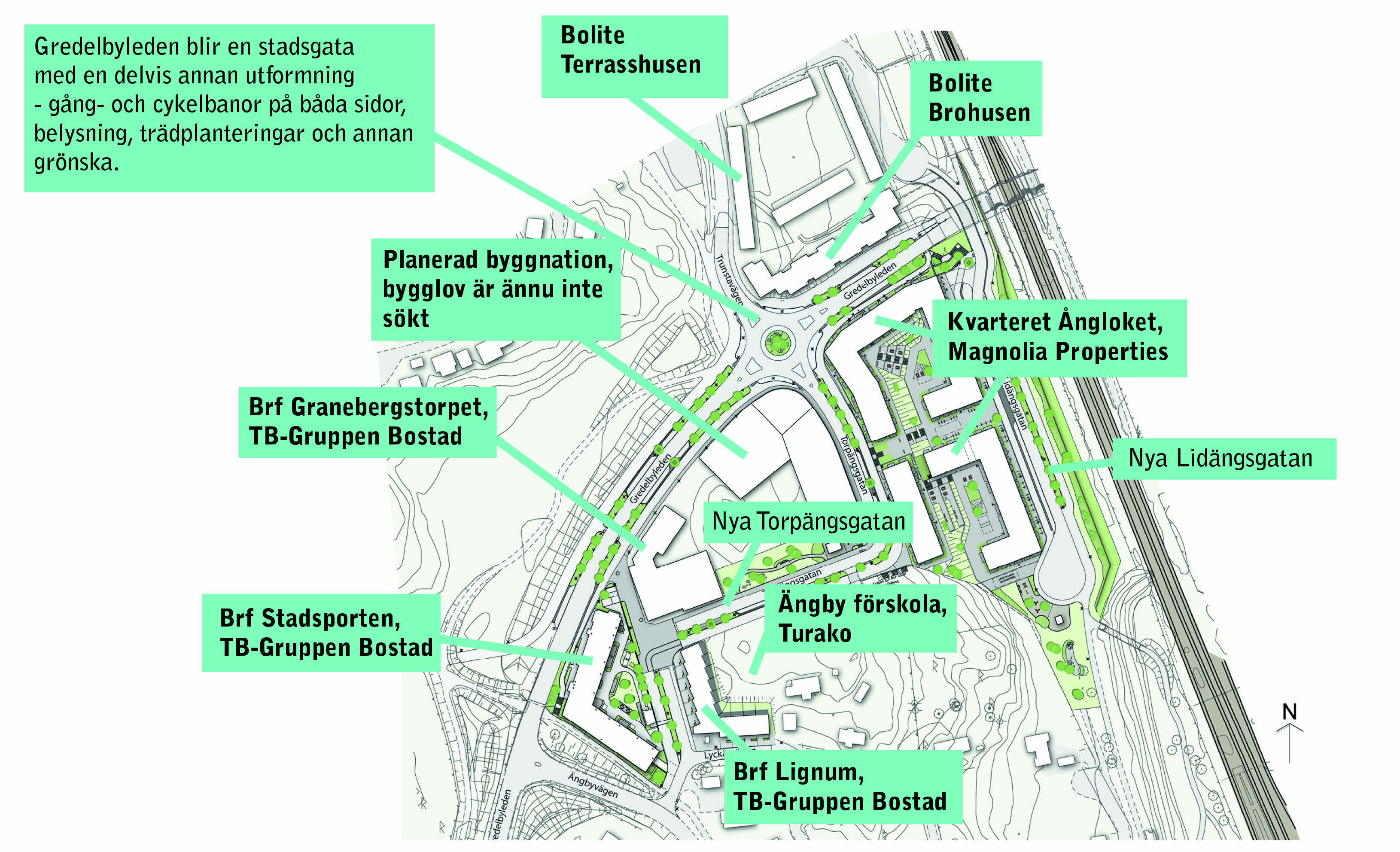 Karta över gator, vägar och bostäder i centrala Ängby