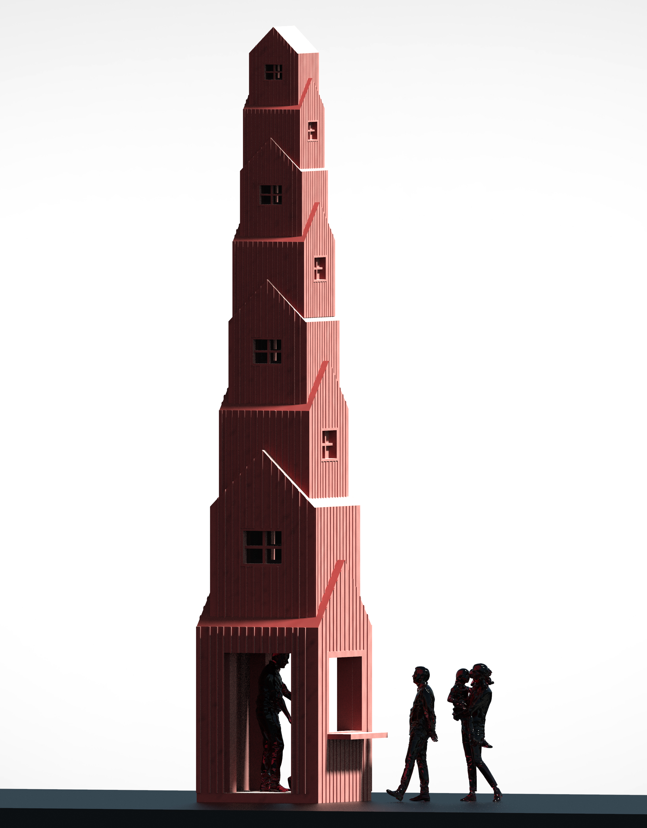 Konstverket Kiosk Obelisk består av staplade röda stugor.